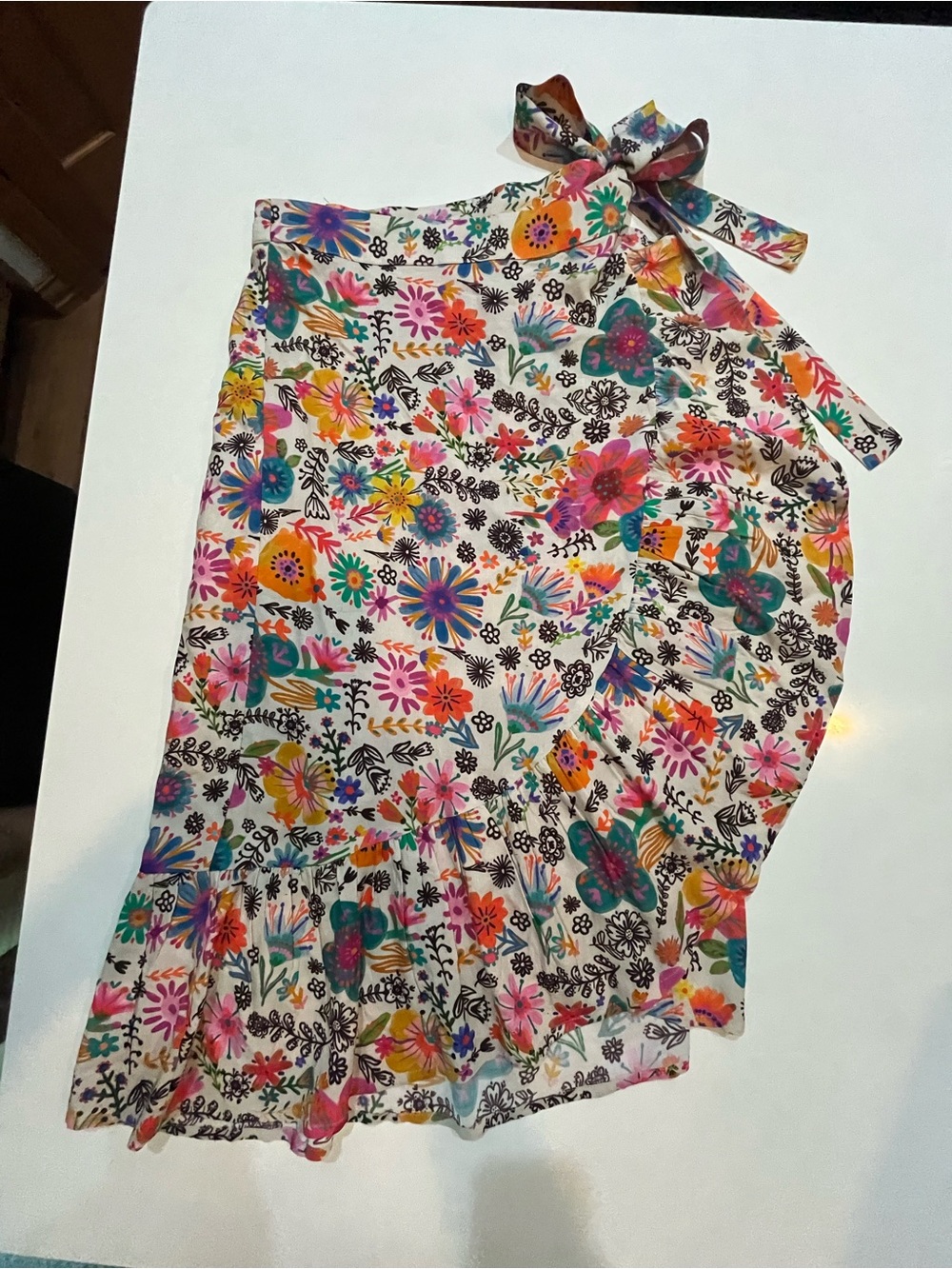 NATURAL LIFE Floral Ruffle Skirt in White with Pink, Orange, Teal & Yellow